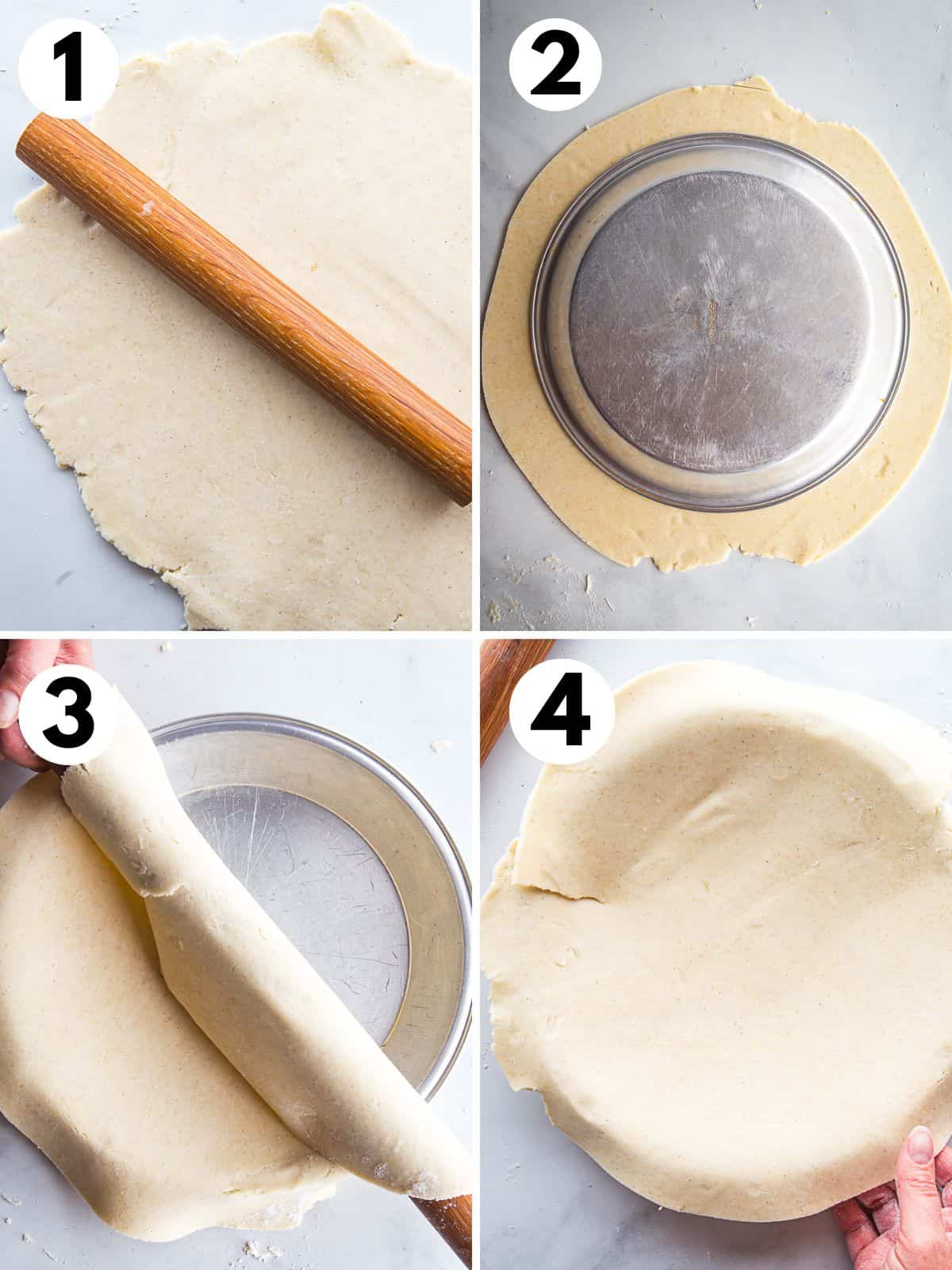 Four images showing how to roll out gluten-free pie dough. 1. The dough on the counter. 2. Sizing the dough with a pie pan inverted onto it. 3. Moving the dough into the pan with a rolling pin. 4. Placing the dough into the pan.