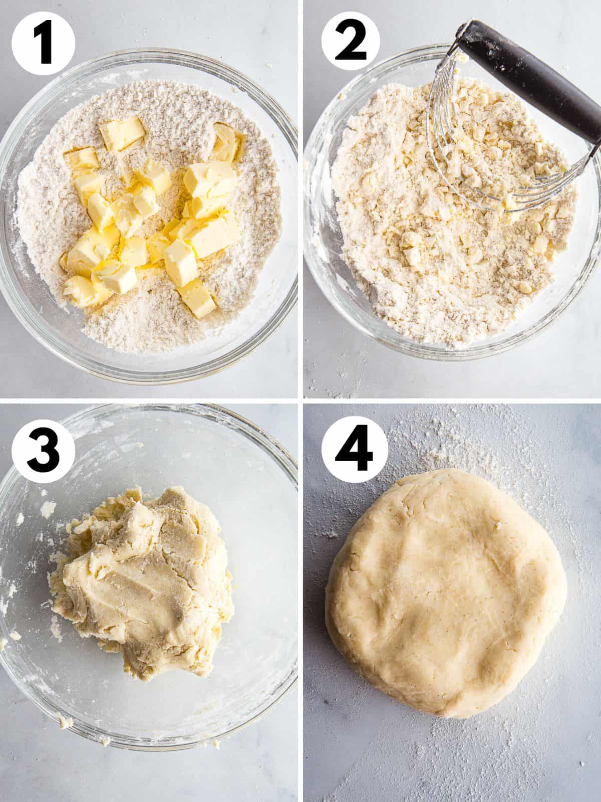 Four images. 1. Cubes of butter on top of gluten-free flour. 2. Butter cut into gluten-free flour. 3. Gluten-free pie dough in a bowl. 4. Gluten-free pie dough pressed into a round.