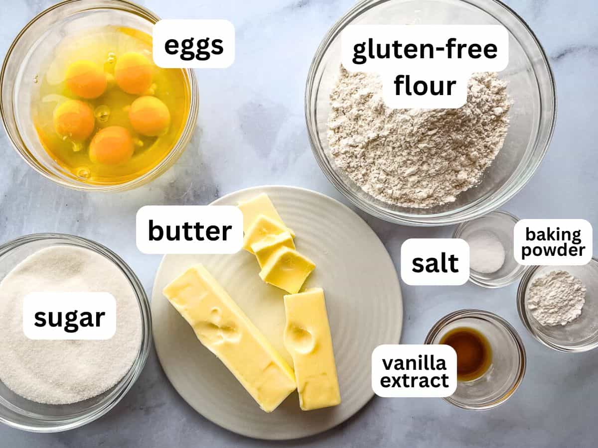 Gluten-free pound cake ingredients on the counter.