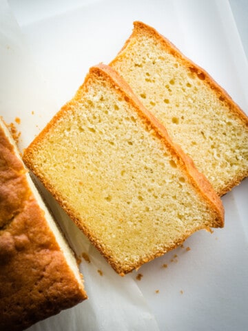 Two slices of gluten-free pound cake.
