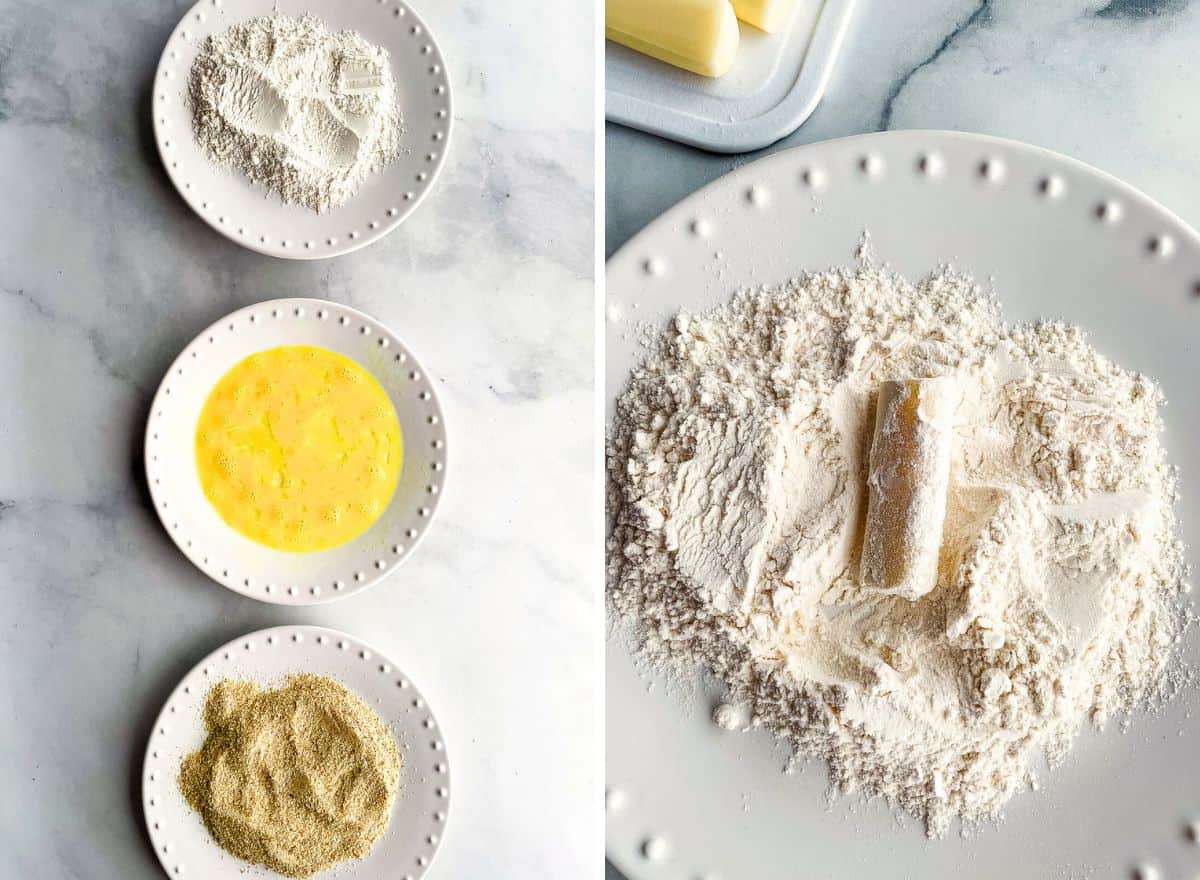Two images. The first shows three plates with gluten-free flour, whisked eggs, and gluten-free bread crumbs. The second shows a cheese stick rolled in gluten-free flour.
