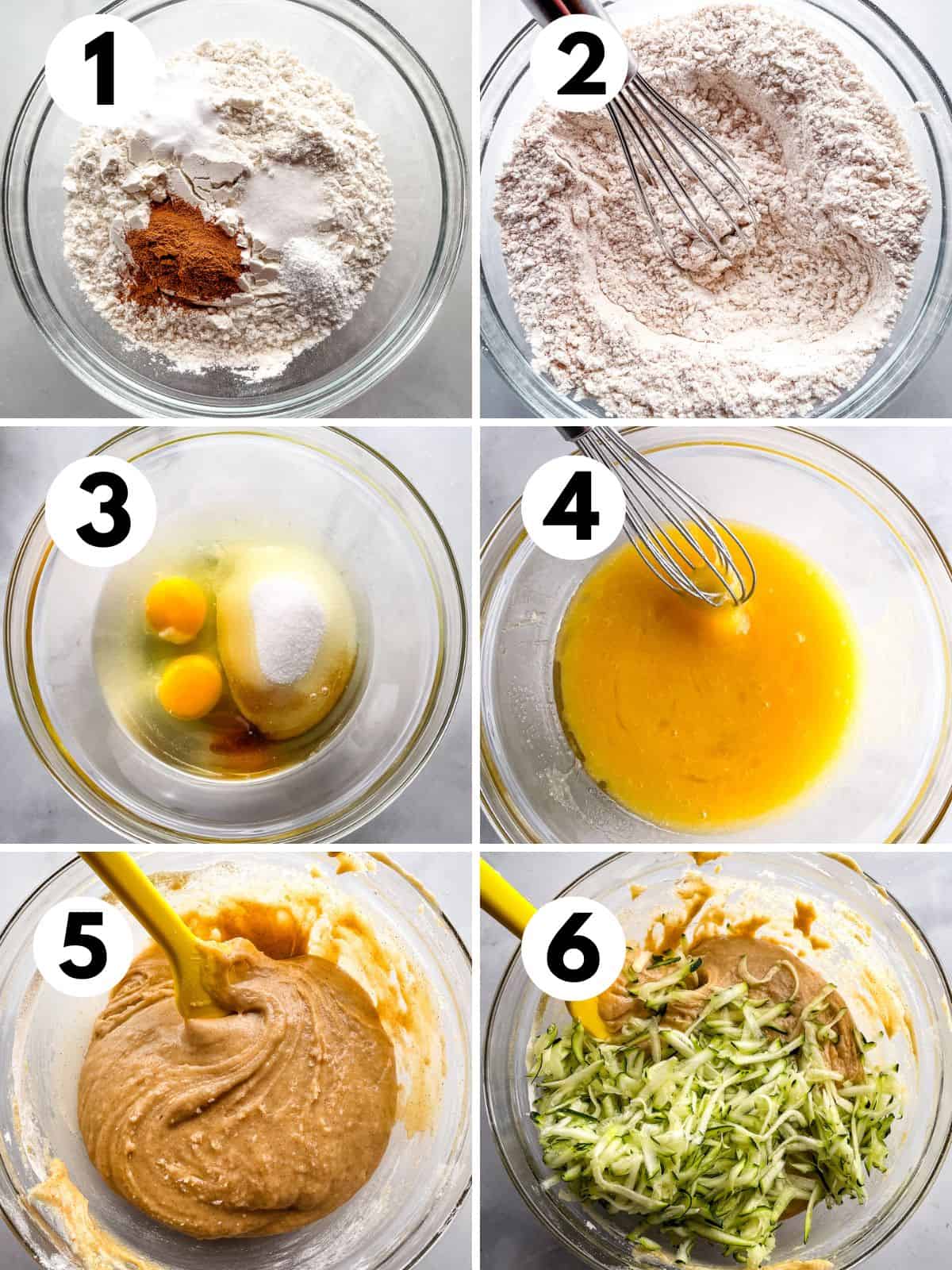 First six steps for mixing gluten-free zucchini muffin batter. 1. Dry ingredients in a bowl 2. Mixed dry ingredients. 3. Wet ingredients in a separate bowl. 4. Mixed wet ingredients. 5. Batter. 6. Adding shredded zucchini to batter.