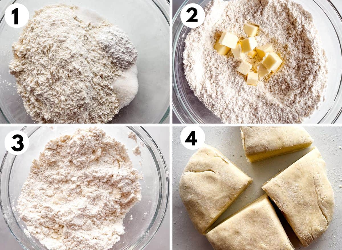 Four images showing how to mix gluten-free pigs in a blanket dough.