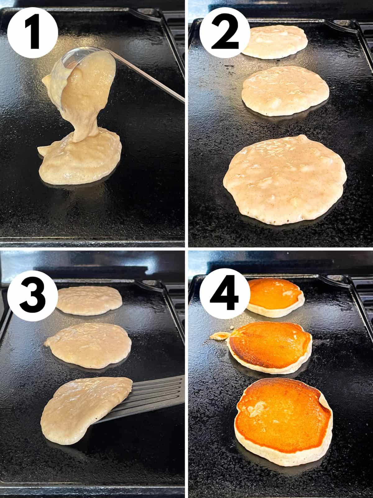 Cooking gluten-free banana pancakes on a griddle. 1. Ladling batter onto griddle. 2. Pancakes cooking. 3. Flipping the pancakes. 4. Three brown pancakes on the griddle.