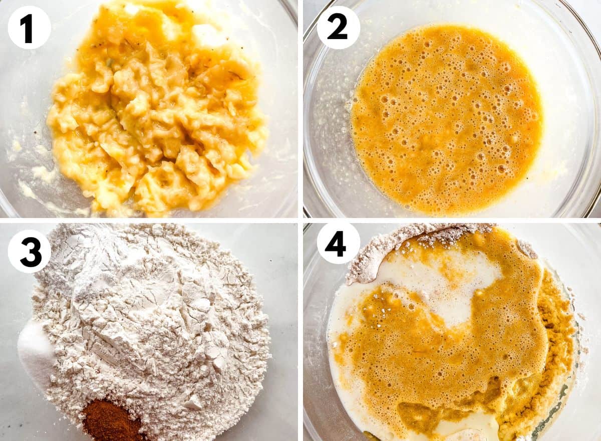 The four steps for mixing gluten-free banana pancake batter. 1. Mashing the bananas. 2. The banana puree mixed with brown sugar. 3. Dry ingredients in a bowl. 4. Dry and wet ingredients in a bowl. The mixture isn't blended.