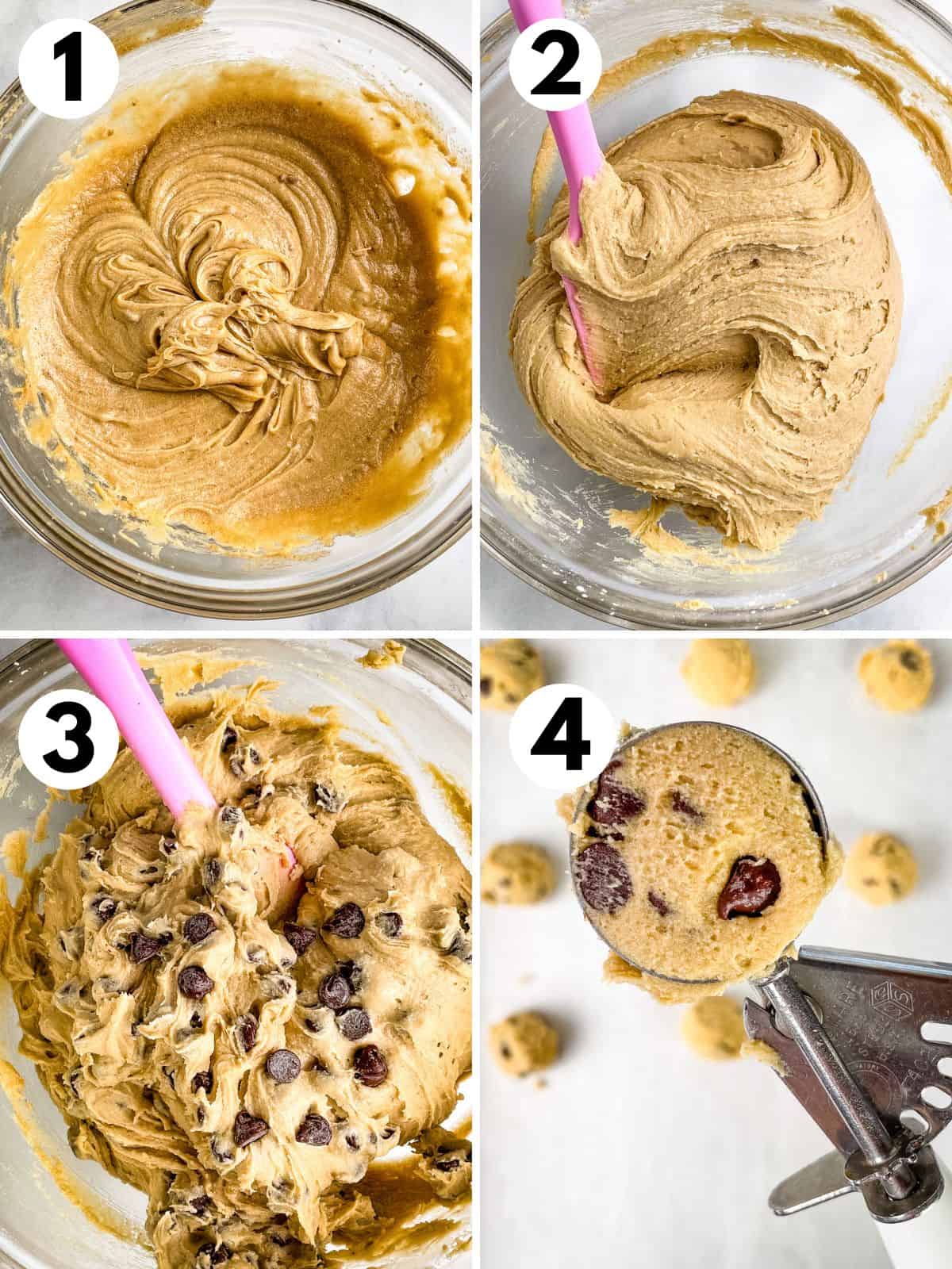 Four steps for mixing gluten-free chocolate chip cookie dough. 1. Mixing the butter, sugar, and eggs. 2. The dough. 3. Adding the chocolate chips. 4. Scooping the dough.