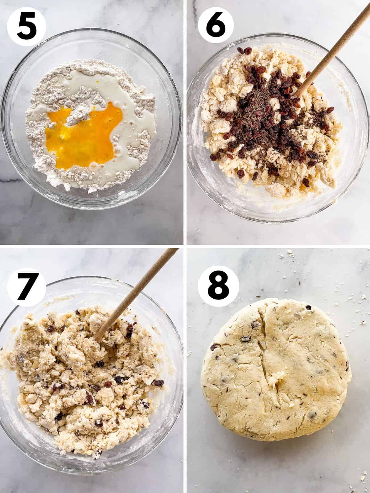 Steps for mixing gluten-free Irish soda bread. 5. Adding wet ingredients. 6. Dough mixed. Adding raisins and caraway seeds. 7. Raisins and caraway seeds stirred into dough. 8. Shaped dough on counter.