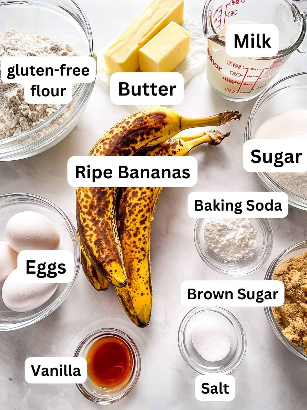 Ingredients for gluten-free banana cake on the counter.