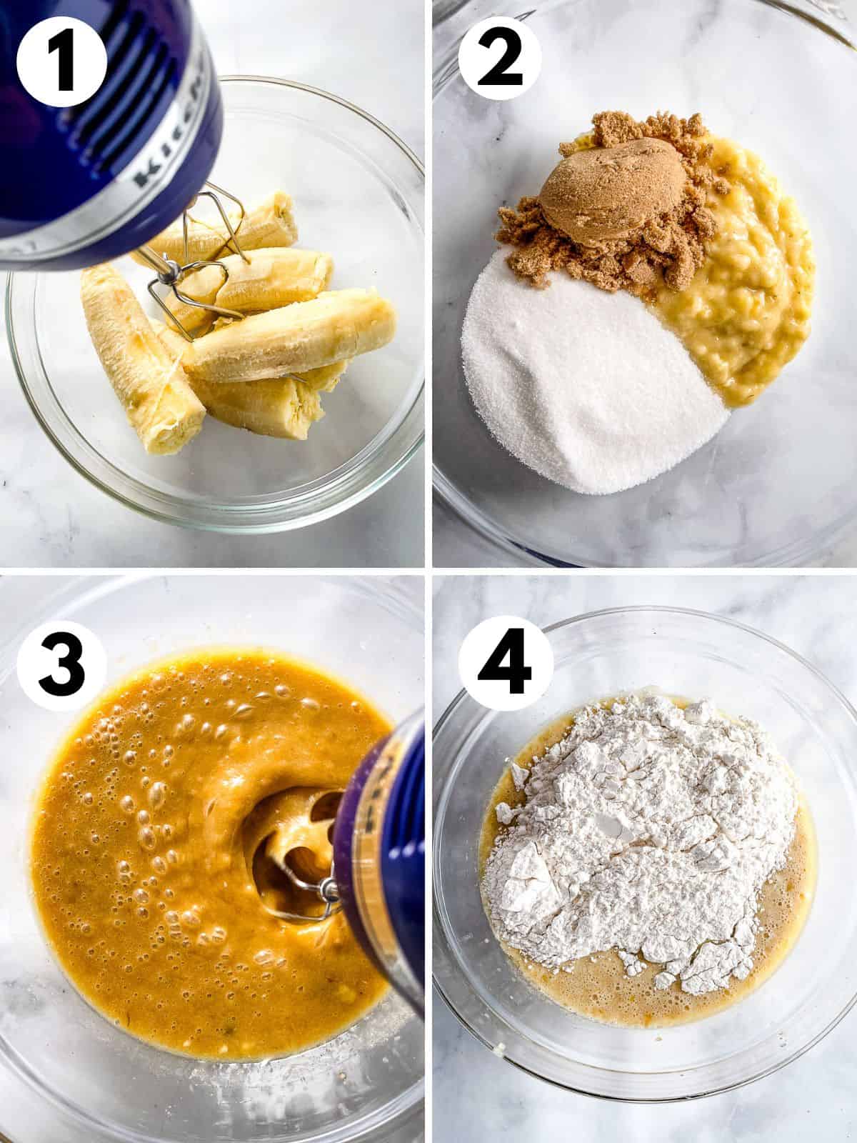 Four images. 1. Mixing ripe bananas. 2. Mashed bananas, sugar, and brown sugar in a bowl. 3. Banana sugar mixture in a bowl. 4. Adding gluten-free flour to the banana-sugar mixture.