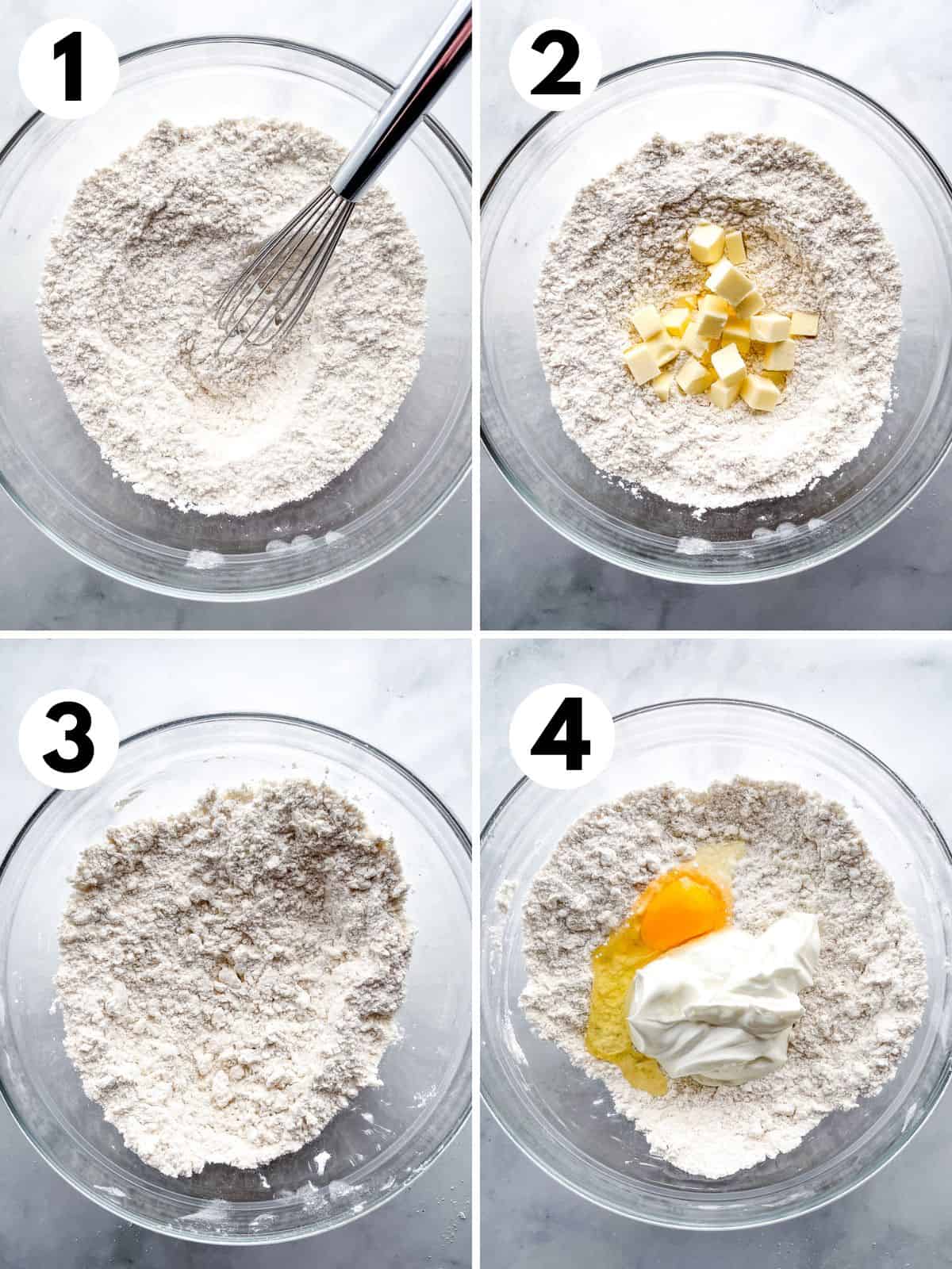 The first four steps for mixing gluten-free biscuits. 1. Whisking the dry ingredients. 2. Adding cold cubed butter. 3. Butter mixed into the dry ingredients. 4. Yogurt and an egg sitting on top of the gluten-free dry ingredients.