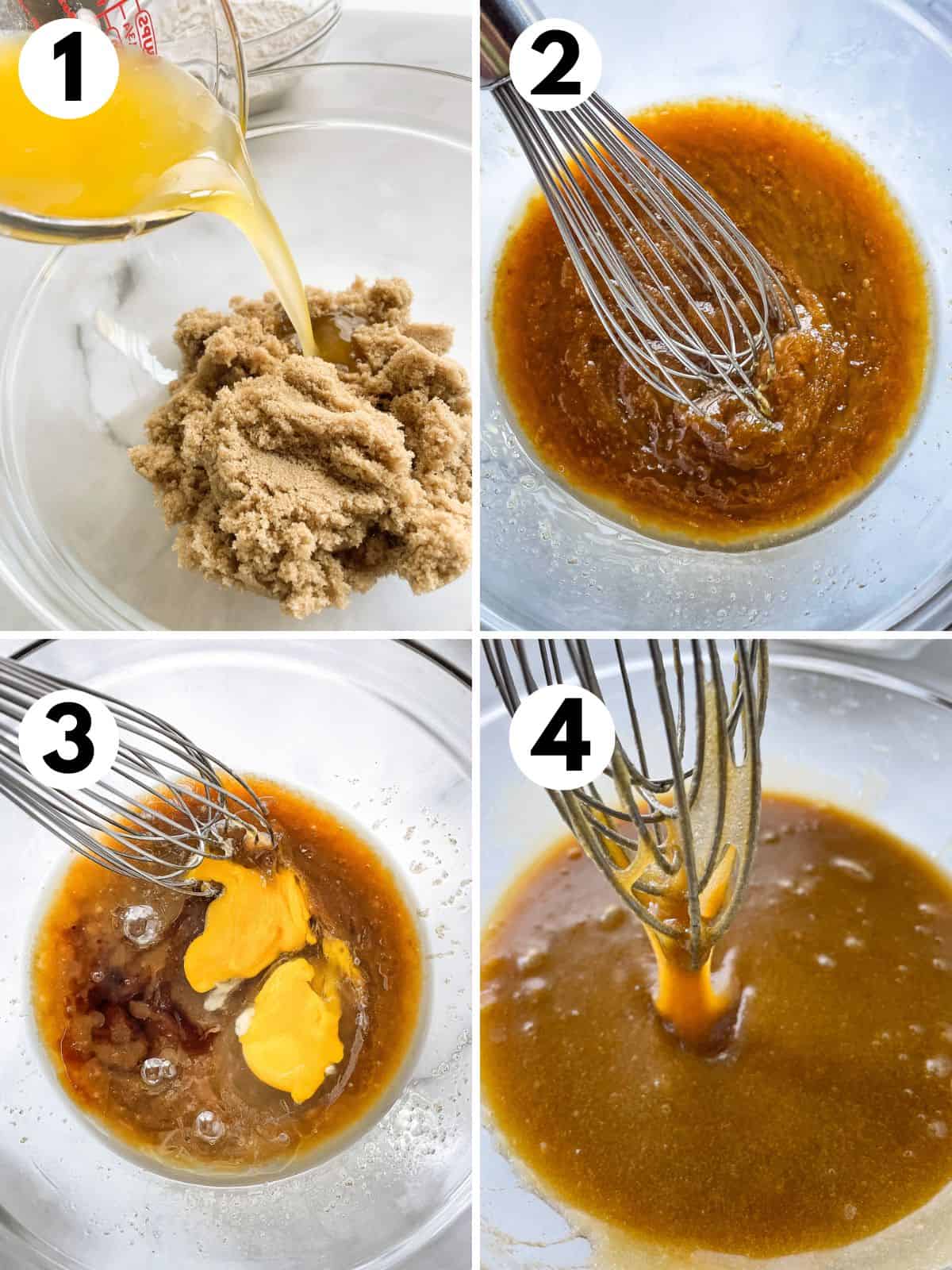 Four images. 1. Adding melted butter to brown sugar. 2. The butter and brown sugar whisked. 3. Adding eggs and vanilla. 4. The brown sugar-egg mixture blended until smooth.
