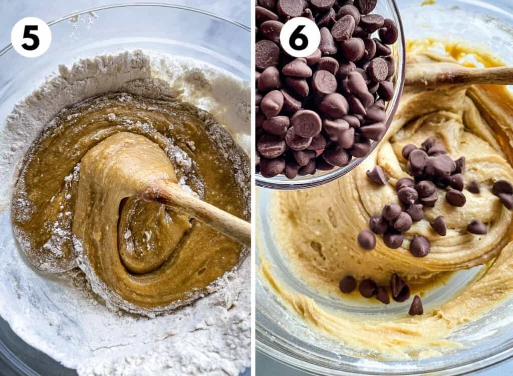 On left: stirring gluten-free flour into butter and egg mixture for gluten-free blondies. On right: adding chocolate chips to gluten-free blondie batter.