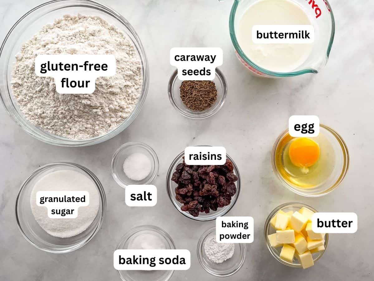 Ingredients for gluten-free Irish soda bread.