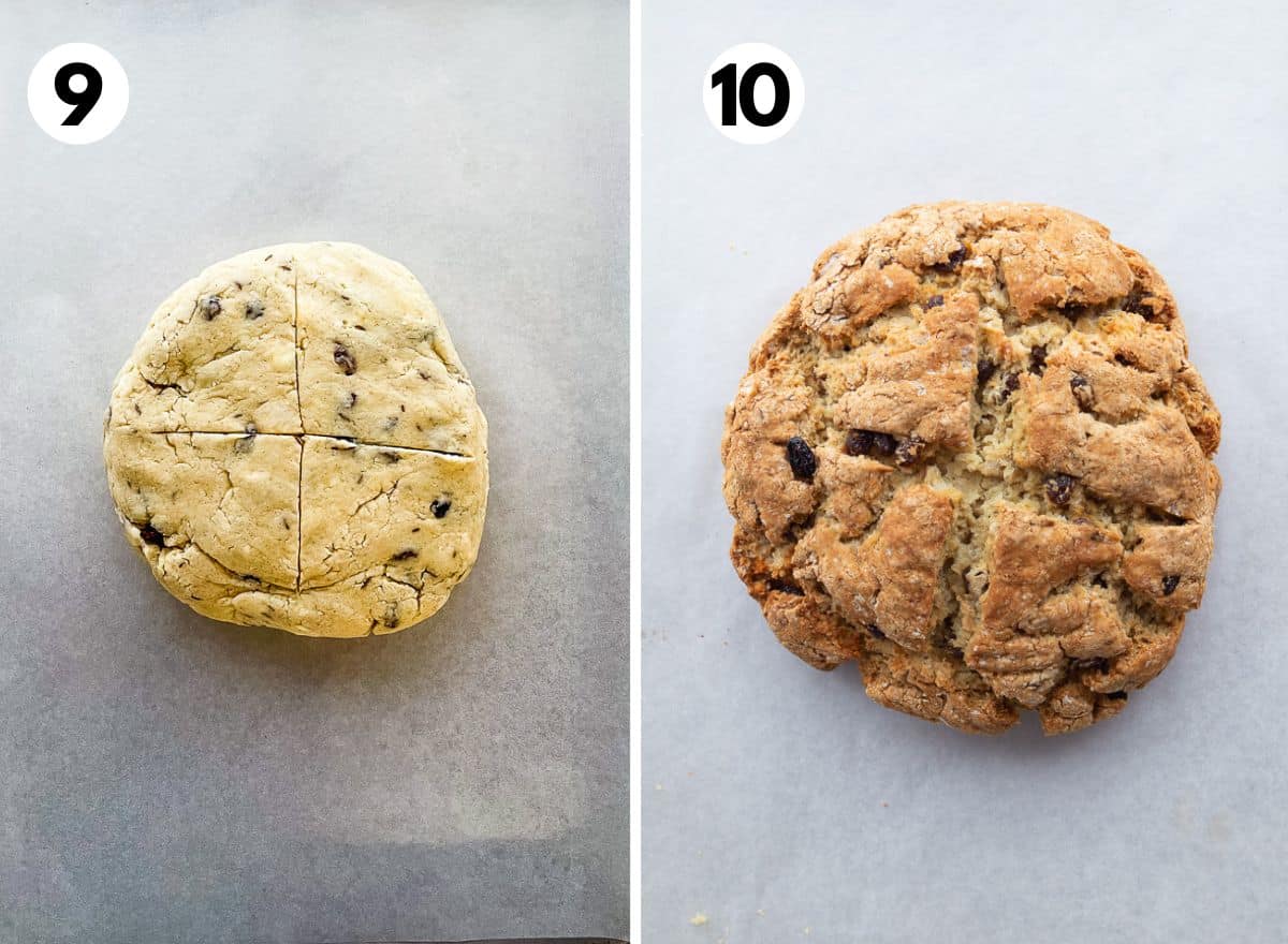 Side-by-side images of unbaked and baked gluten-free Irish soda bread.