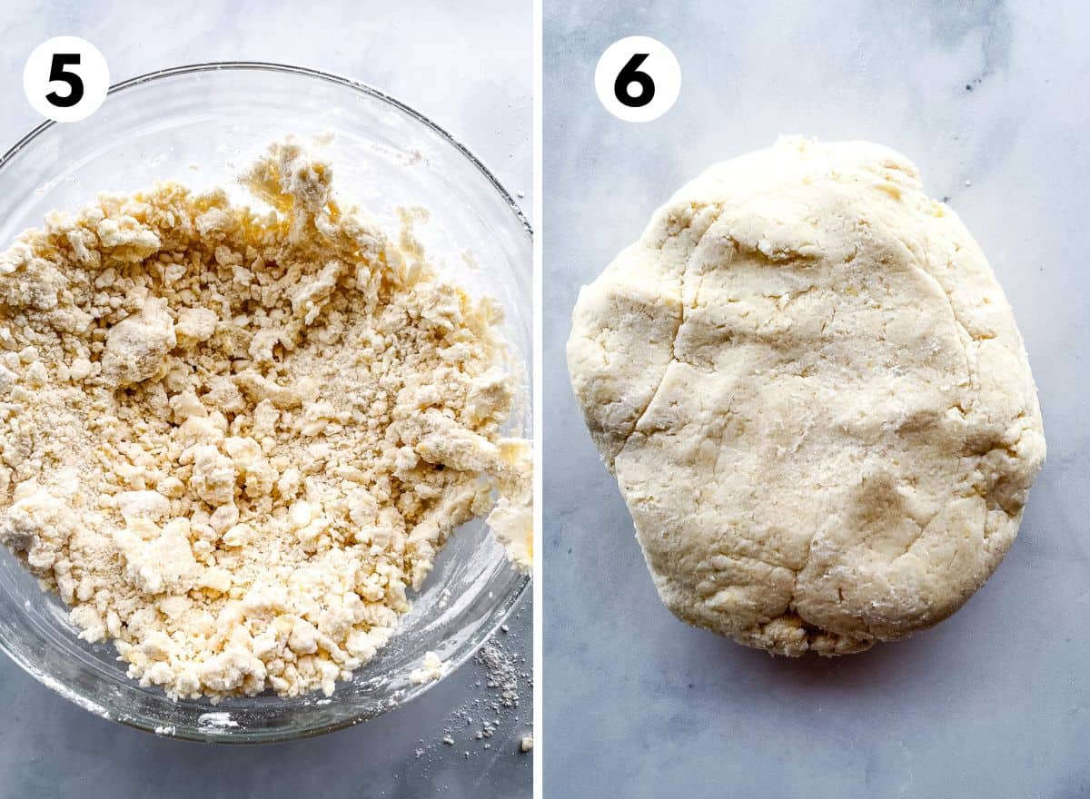 Steps five and six for mixing gluten-free biscuit dough. 5. The crumbly dough in a glass bowl. 6. The dough kneaded until smooth and patted into a round.