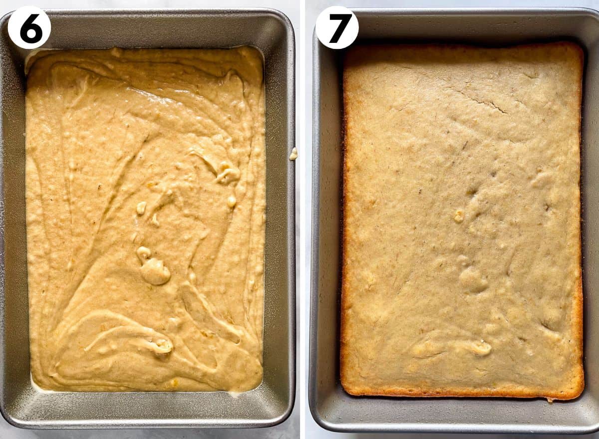 Side-by-side images. On left: gluten-free banana batter in pan. On right: baked cake.