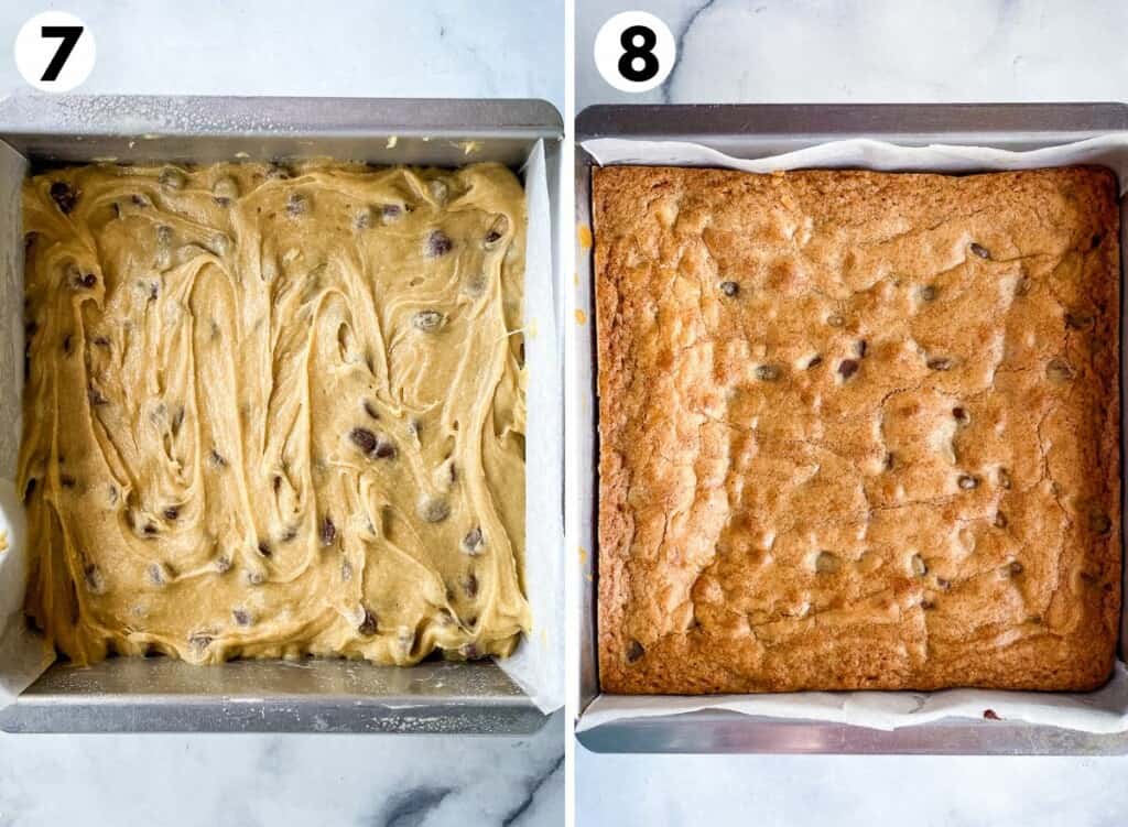 On left: gluten-free blondie batter in pan. On right: baked gluten-free blondies cooling in the pan.