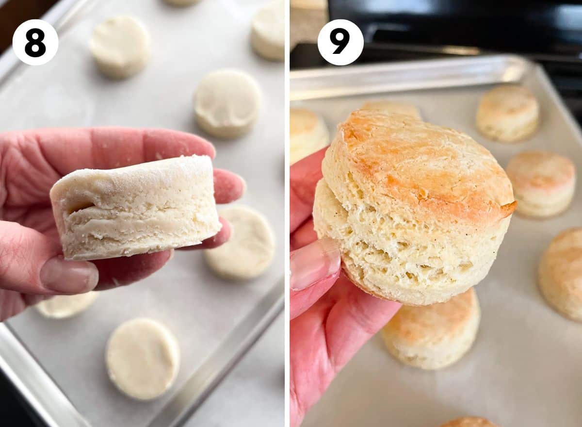 On left, gluten-free biscuit dough cut into a round being held. On right, baked gluten-free biscuit being held. The biscuit is golden brown and light.