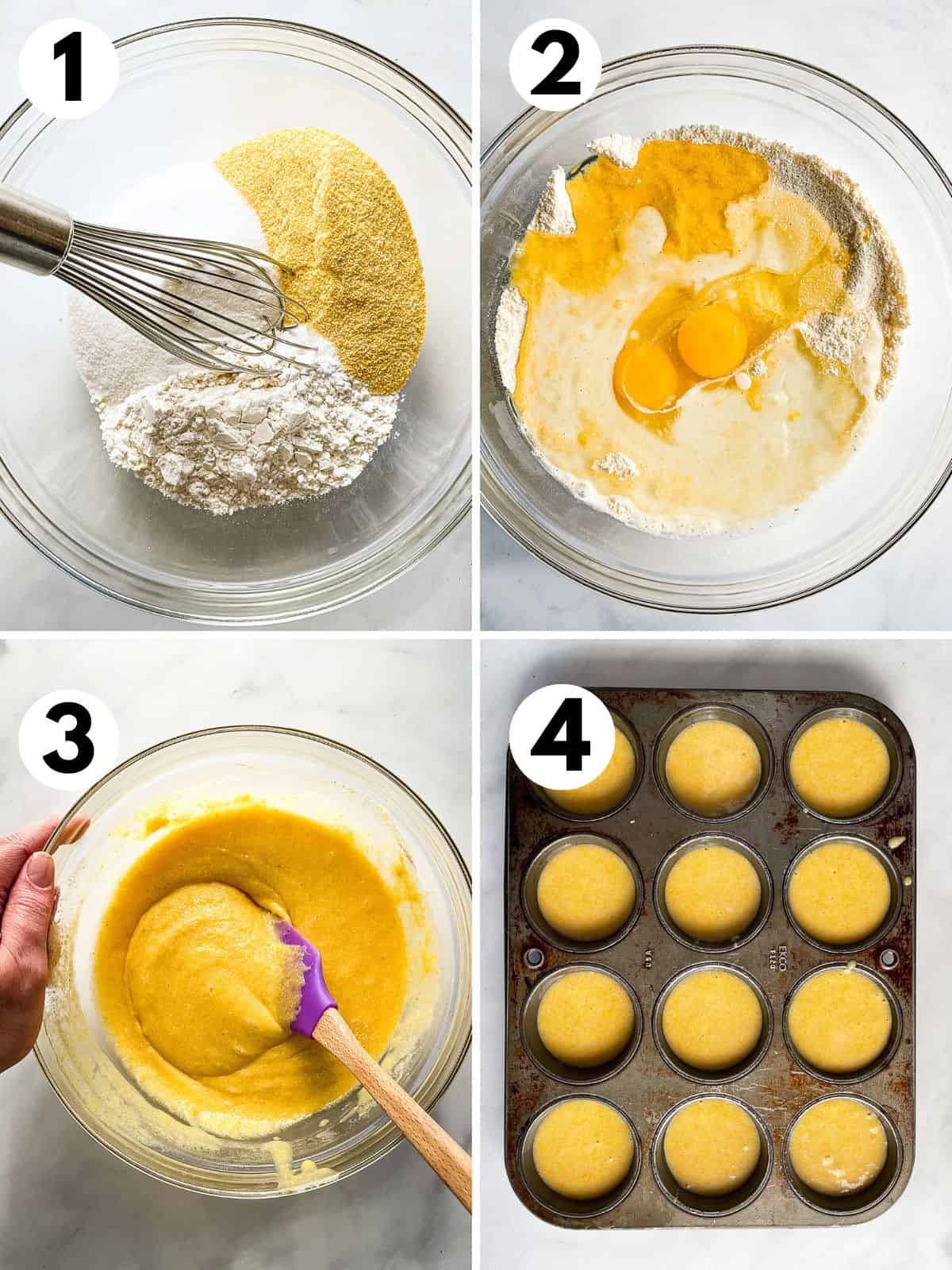 Steps for making gluten-free corn muffins. 1. Whisking the dry ingredients. 2. Adding the milk, eggs, and oil. 3. Stirring the batter. 4. The corn muffin batter in a greased muffin pan.
