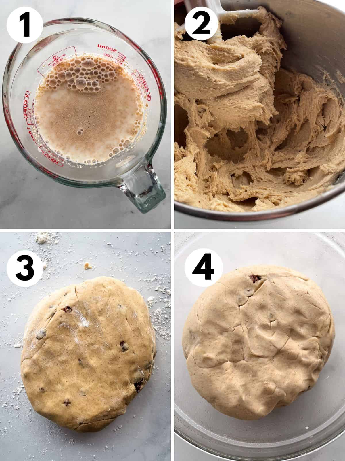 Steps for making gluten-free hot cross bun dough. 1. Yeast and warm milk bubbling. 2. Dough in a mixing bowl. 3. Dough kneaded on the counter. 4. Dough risen in the bowl.