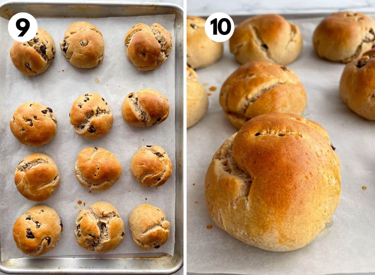 Gluten-free hot cross buns. (left) 12 buns on a sheet pan. (right) Closeup of bun.