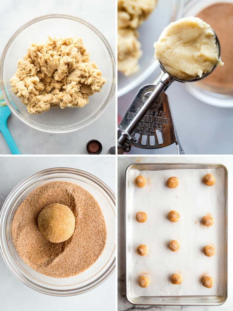Steps for making gluten-free snickerdoodles. 1. The snickerdoodle dough in a bowl. 2. A cookie scoop full of dough. 3. Dough rolled in cinnamon-sugar. 4. Cookie dough on a baking pan.