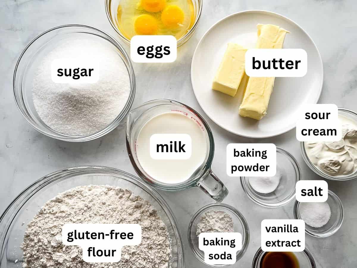 Ingredients for gluten-free vanilla cake recipe measured on the counter.