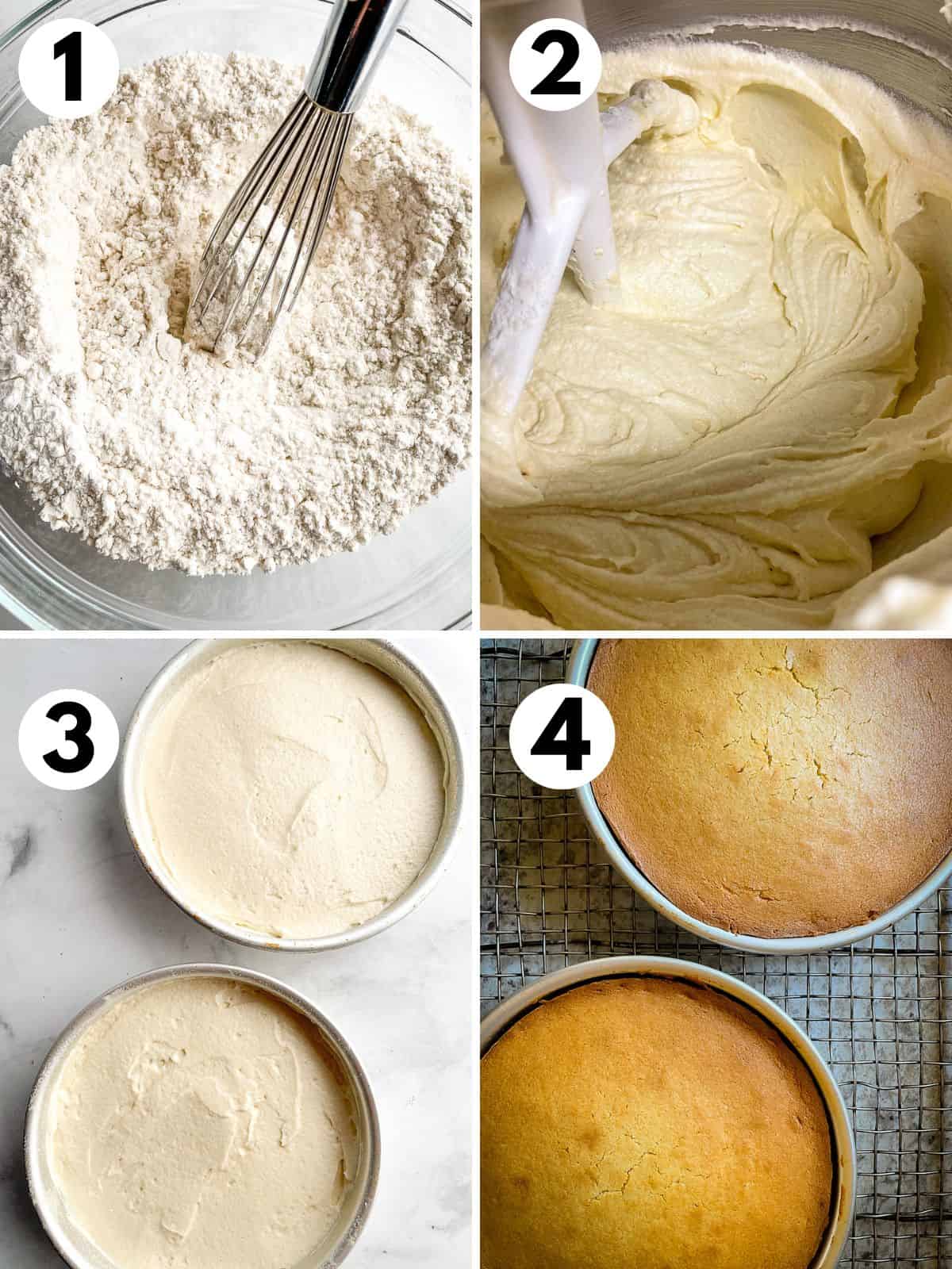 Steps for making gluten-free vanilla cake. 1. Whisking the gluten-free flour. 2. Making the batter. 3. Batter spread in cake pans. 4. Gluten-free vanilla cake baked in a pan.