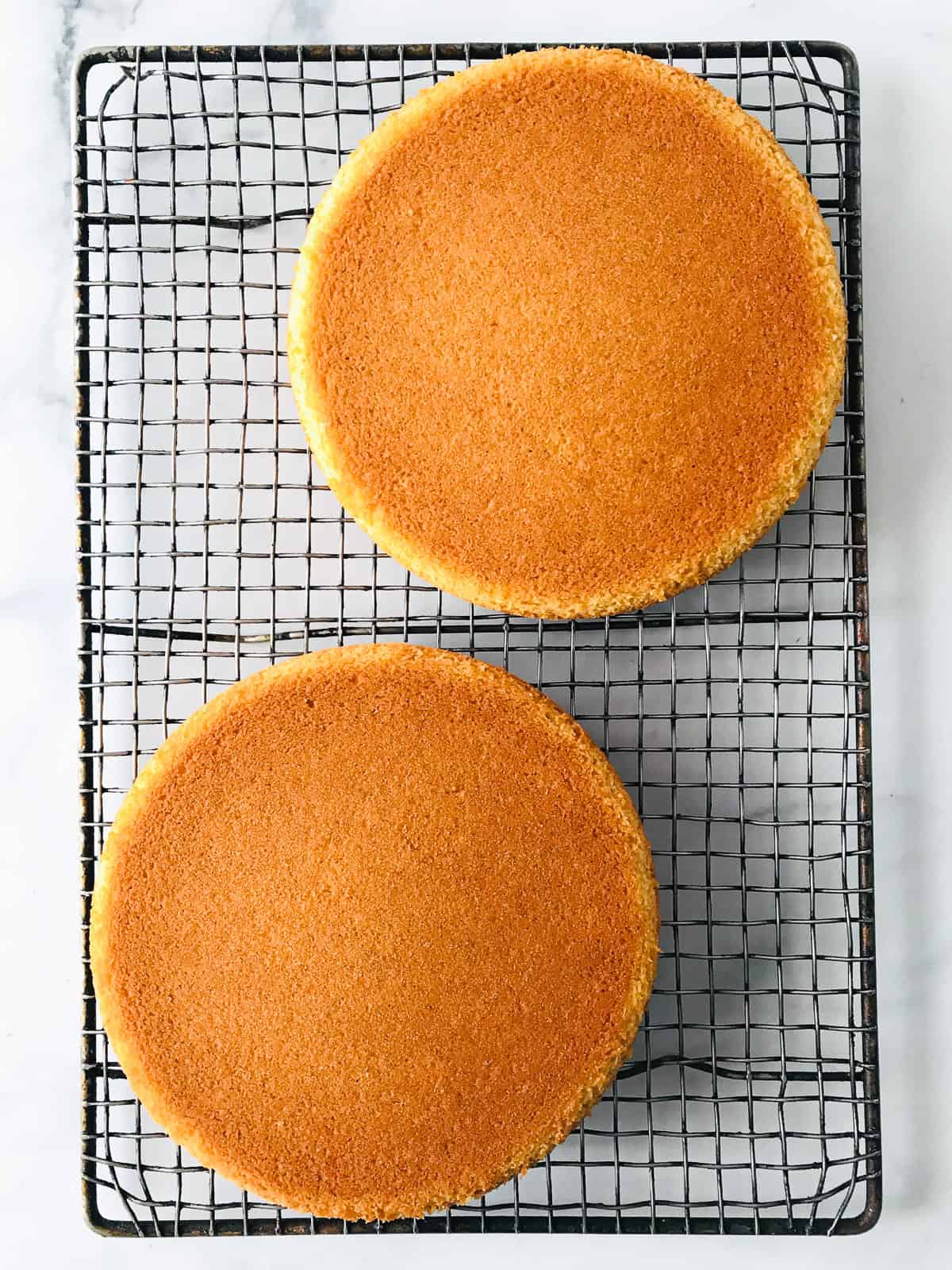 Two gluten-free yellow cake rounds cooling on a wire rack. 