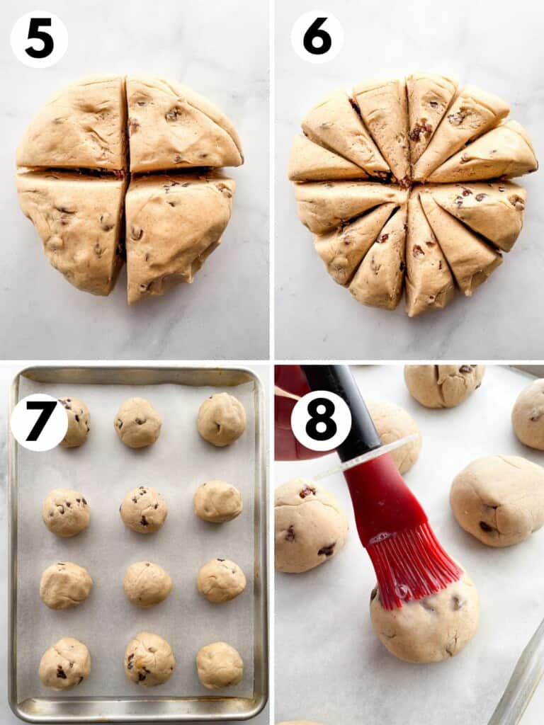 Steps for shaping gluten-free hot cross buns. 5. Dough cut into 4 pieces. 6. Dough cut into 12 pieces. 7. Buns shaped on and placed on a sheet pan. 8. Brushing egg wash onto dough.