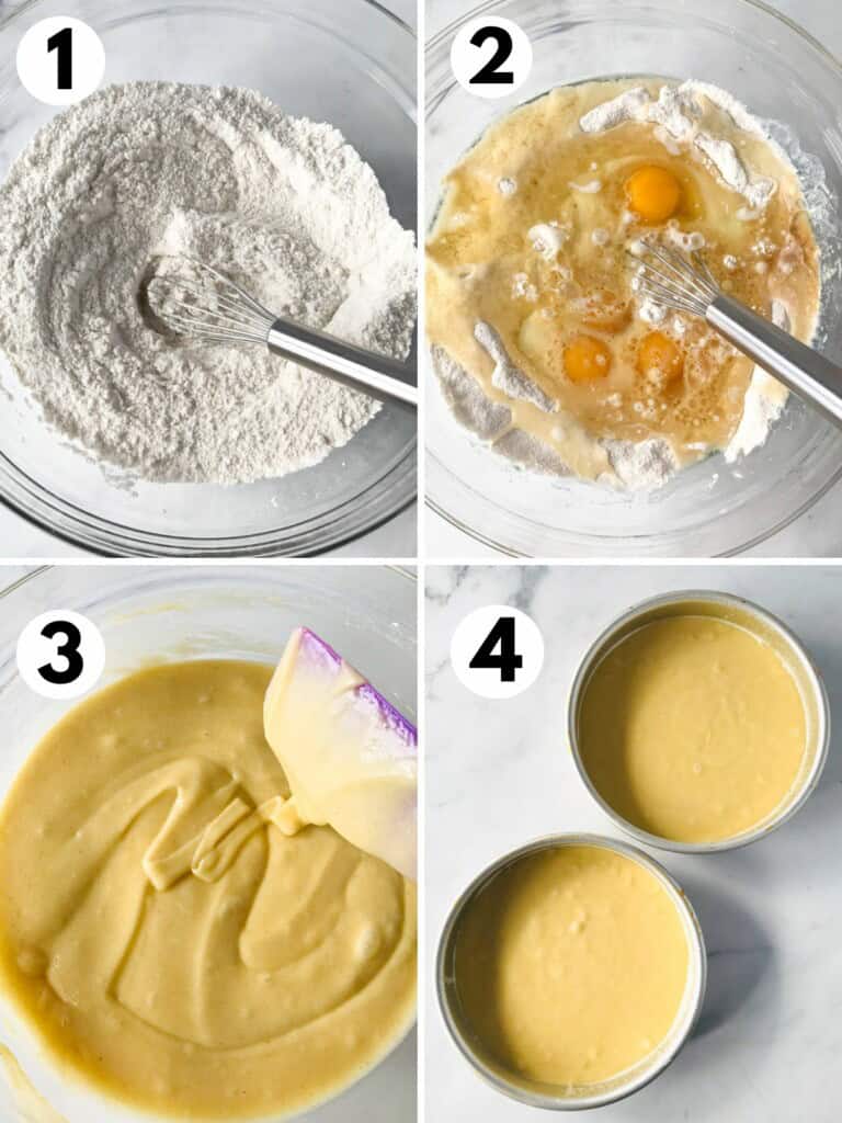 The four steps for making a gluten-free yellow cake. 1. Whisking the dry ingredients. 2. Adding the eggs, milk, oil, and vanilla. 3. The batter in a mixing bowl. 4. The batter in two round cake pans.