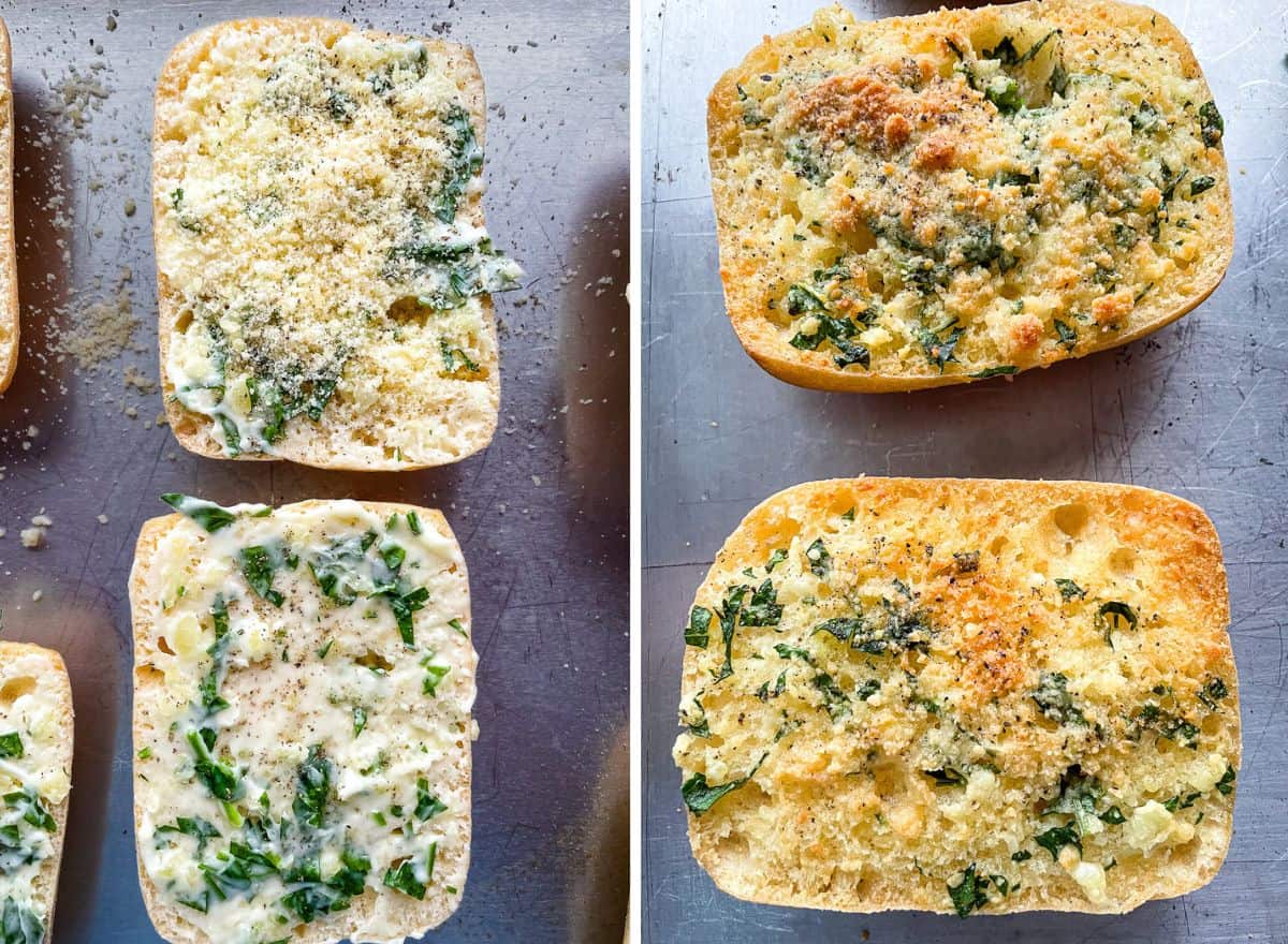 Side-by-side gluten-free garlic bread. (on left) Unbaked. (on right) Baked.