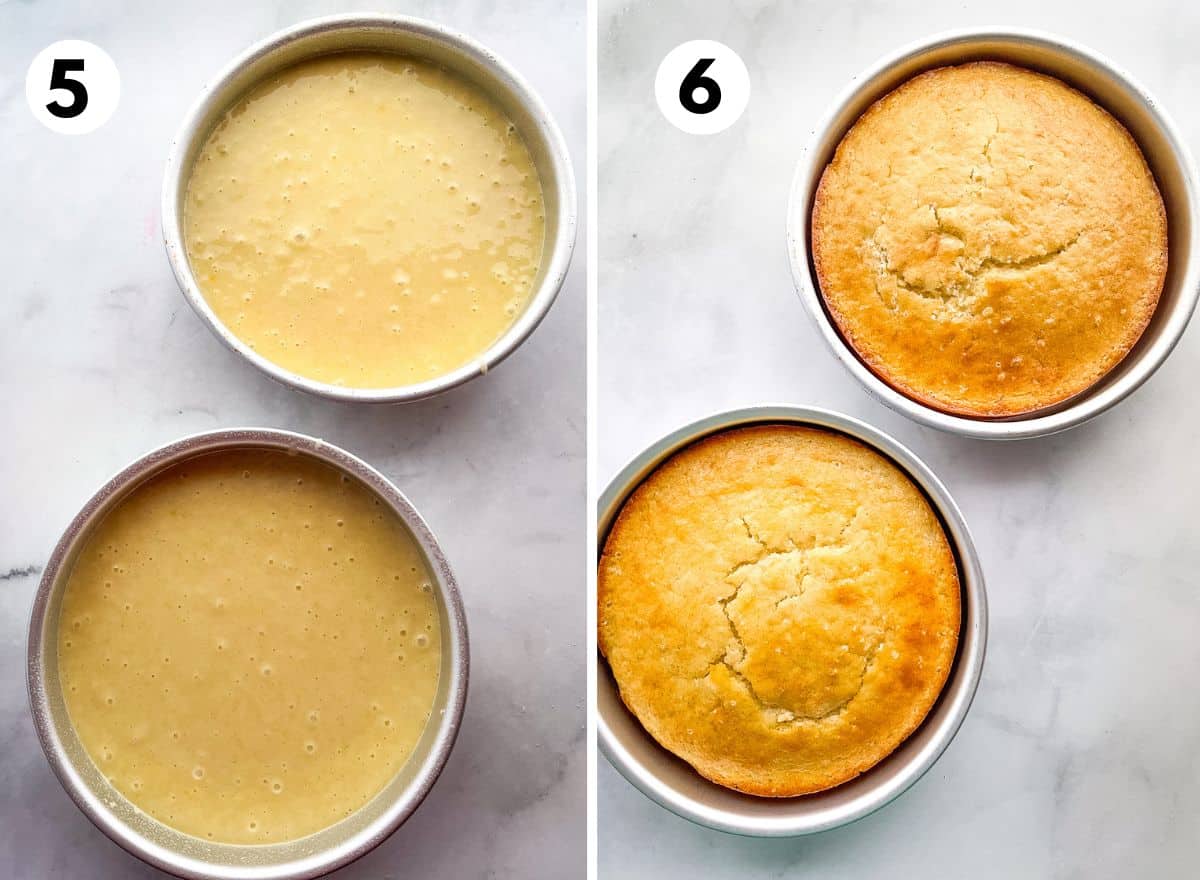 Gluten-free lemon cake in pans. (left) batter. (right) baked cakes.