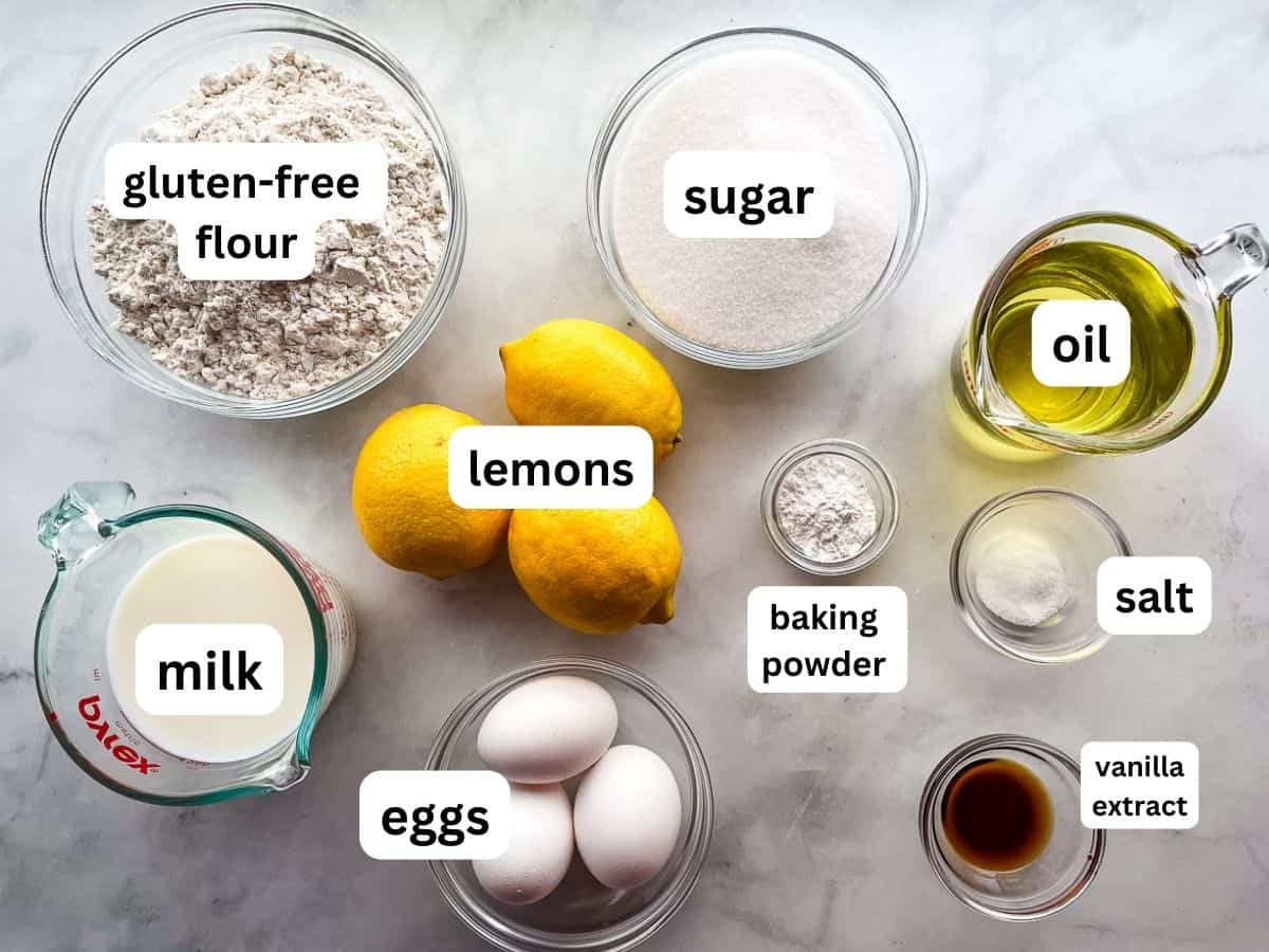 Ingredients for gluten-free lemon cake on the counter.