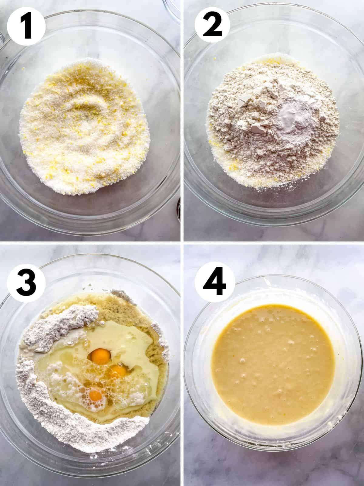 Steps for making gluten-free lemon cake batter. 1. Homemade lemon sugar in a bowl. 2. Dry ingredients. 3. Wet and dry ingredients in the bowl. 4. Mixed batter.