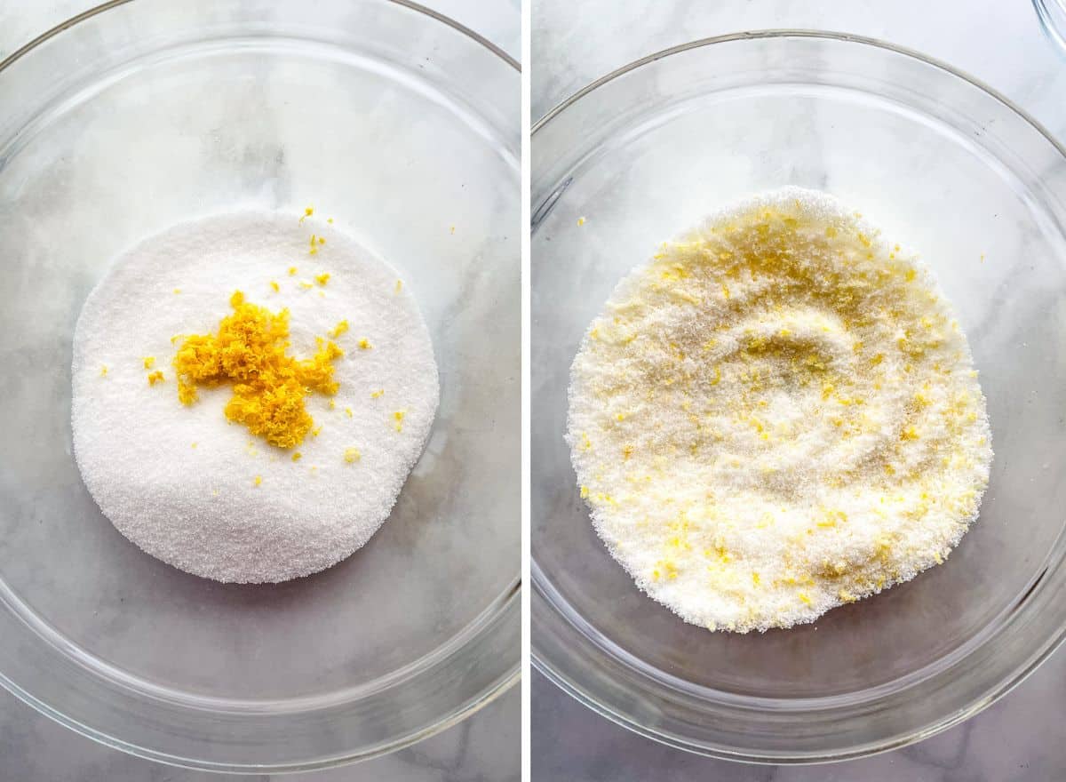 Making lemon sugar. (left) Lemon zest sitting on granulated sugar. (right) Zest rubbed into the sugar. The sugar now looks damp and sandy.