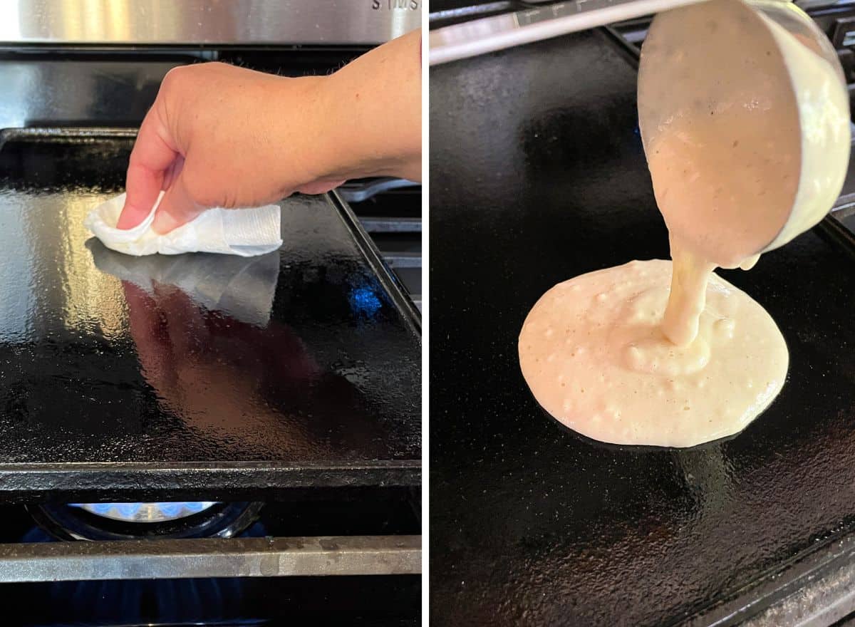 Left: Greasing a cast iron griddle. Right: Ladling gluten-free batter on the griddle.