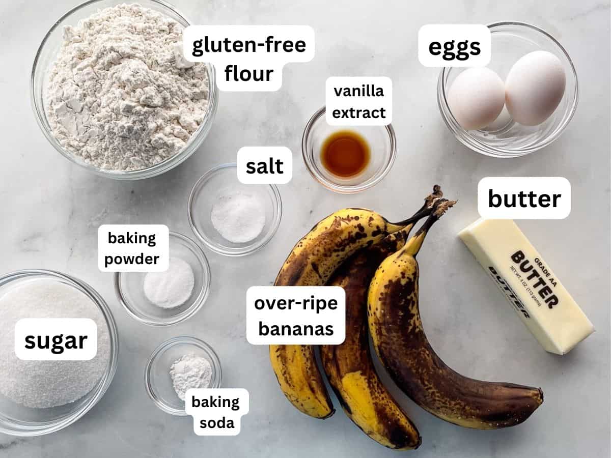 Gluten-free banana bread ingredients on the counter.