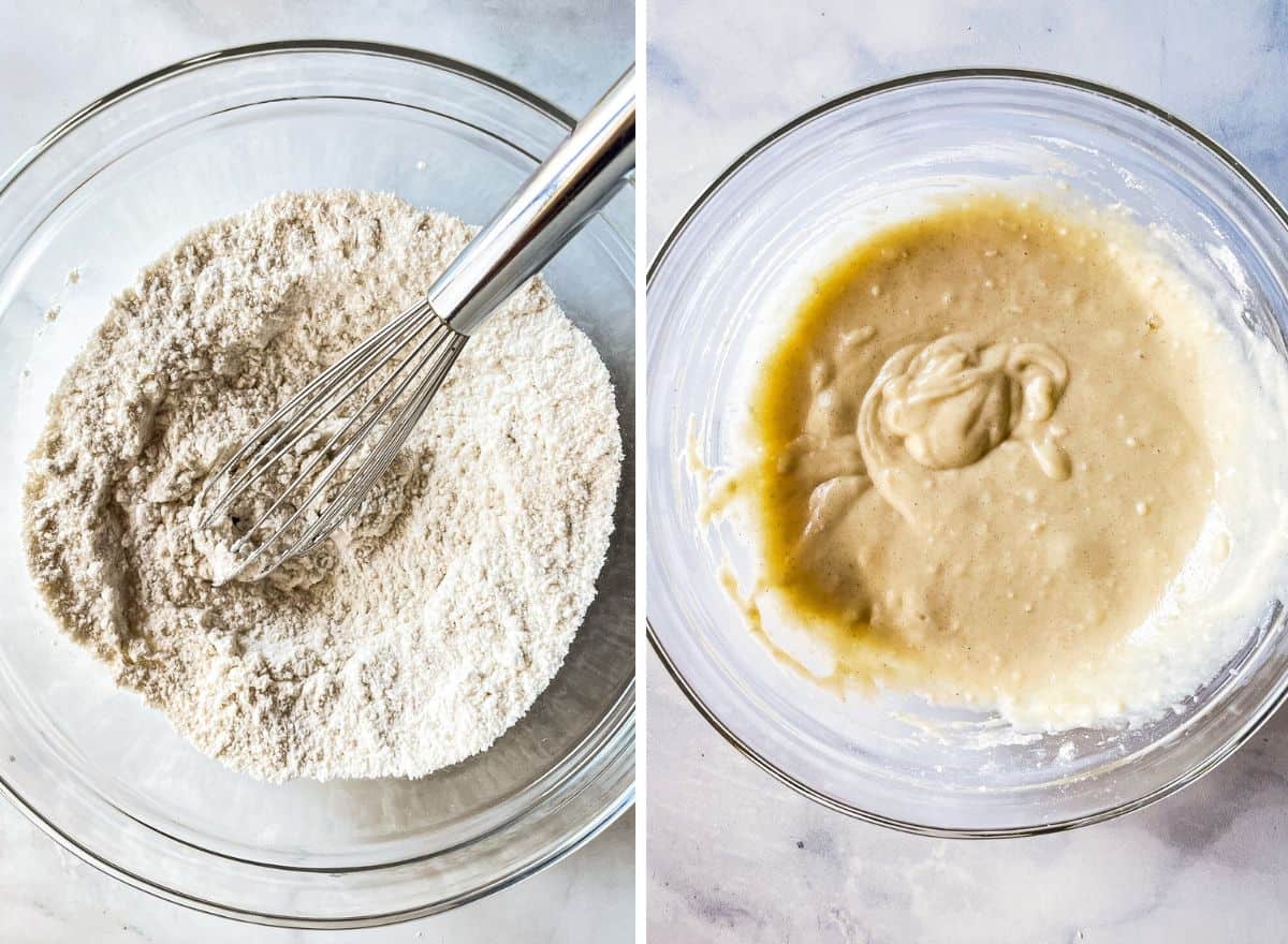 Left: Dry ingredients for gluten-free pancakes. Right: Gluten-free pancake batter.