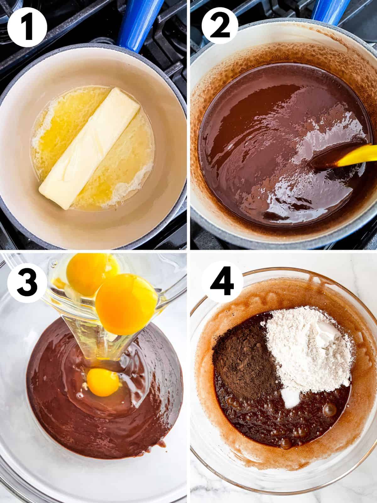 Steps for making gluten-free brownies. 1. A stick of butter melts in a pan. 2. Sugar and chocolate are stirred into the melted butter. 3. Three eggs are added to the chocolate-butter mixture. 4. Cocoa powder, gluten-free flour, and salt sit on top of the egg, butter, chocolate mixture.