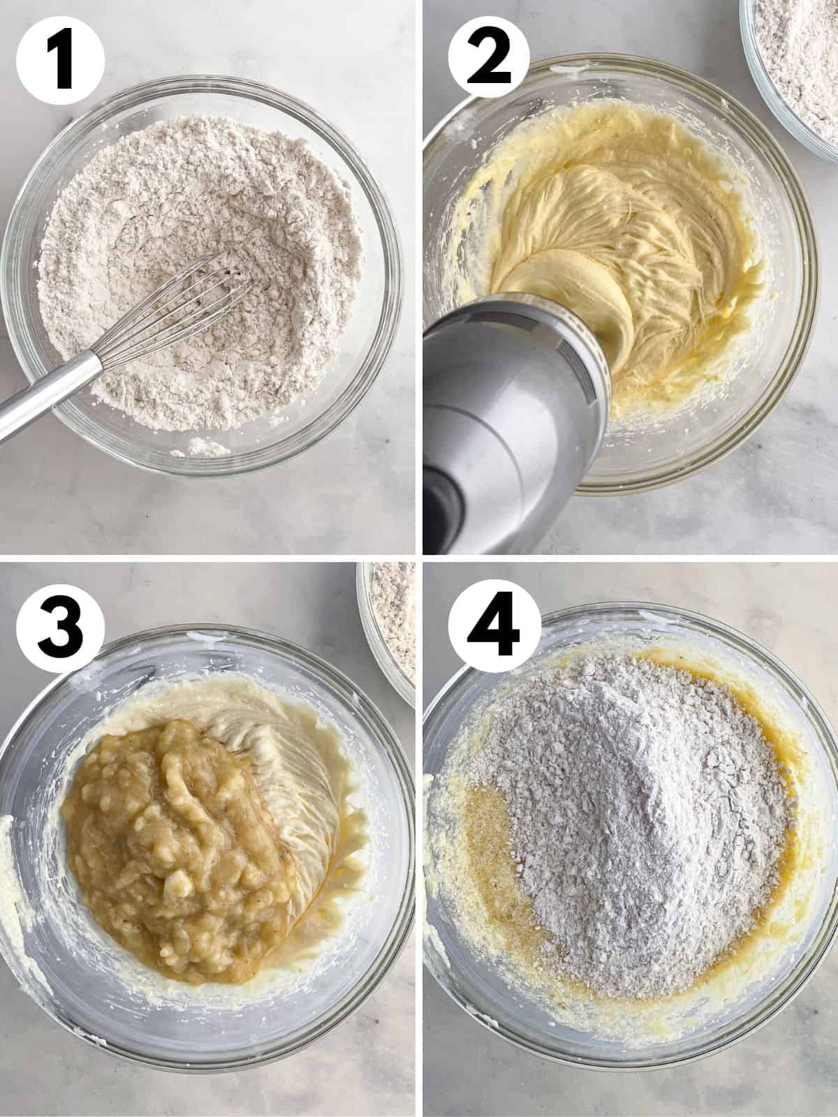 Steps for making gluten-free banana bread. 1. Whisking the dry ingredients. 2. Mixing the butter and sugar. 3. Adding the mashed bananas. 4. Adding the gluten-free flour.