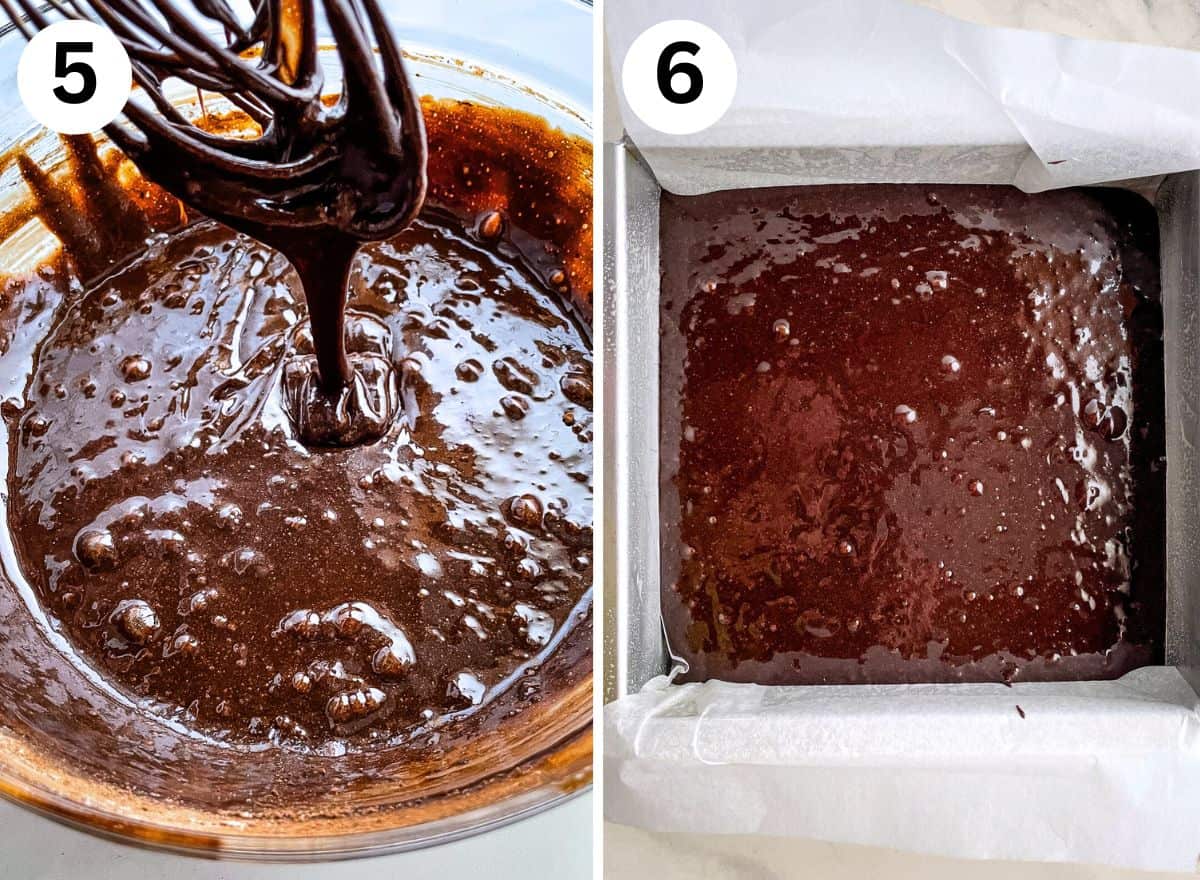 (left) Gluten-free brownie batter dripping off a whisk. (right) Gluten-free brownie batter in a parchment-lined pan.