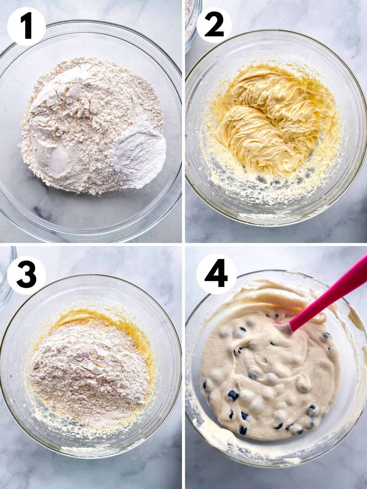Steps one through four for making gluten-free blueberry muffins. 1. The dry ingredients together in a glass bowl. 2. The creamed butter, sugar, and eggs. 3. Adding the gluten-free flour to the butter mixture in the glass bowl. 4. The finished batter with blueberries stirred in.