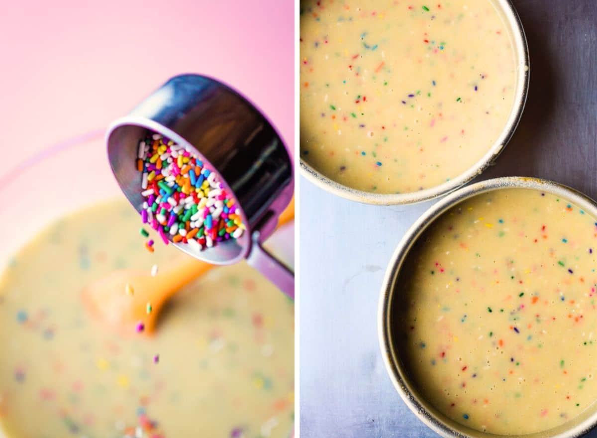 (left) adding sprinkles to gluten-free cake batter. (right) two cake pans filled with gluten-free confetti cake batter.