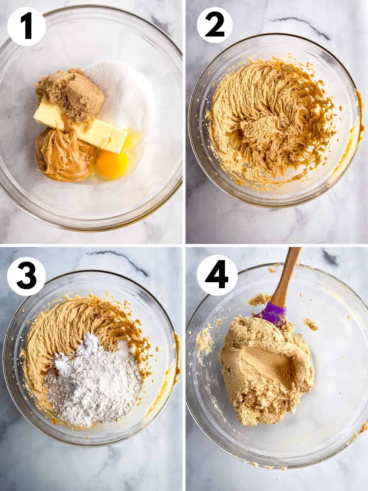 Steps one through four for making gluten-free peanut butter cookies. 1. Butter, sugars, peanut butter, and egg in a bowl. 2. Ingredients mixed. 3. Adding dry ingredients to the peanut butter mixture. 4. Gluten-free peanut butter dough.