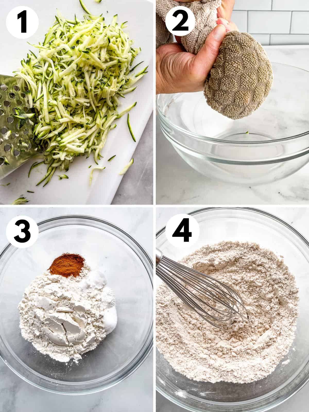 Steps one through four of making gluten-free zucchini bread. 1. Shredding zucchini. 2. Wringing it dry in a towel over a bowl. 3. Dry ingredients in a bowl. 4. Whisking the dry ingredients together.