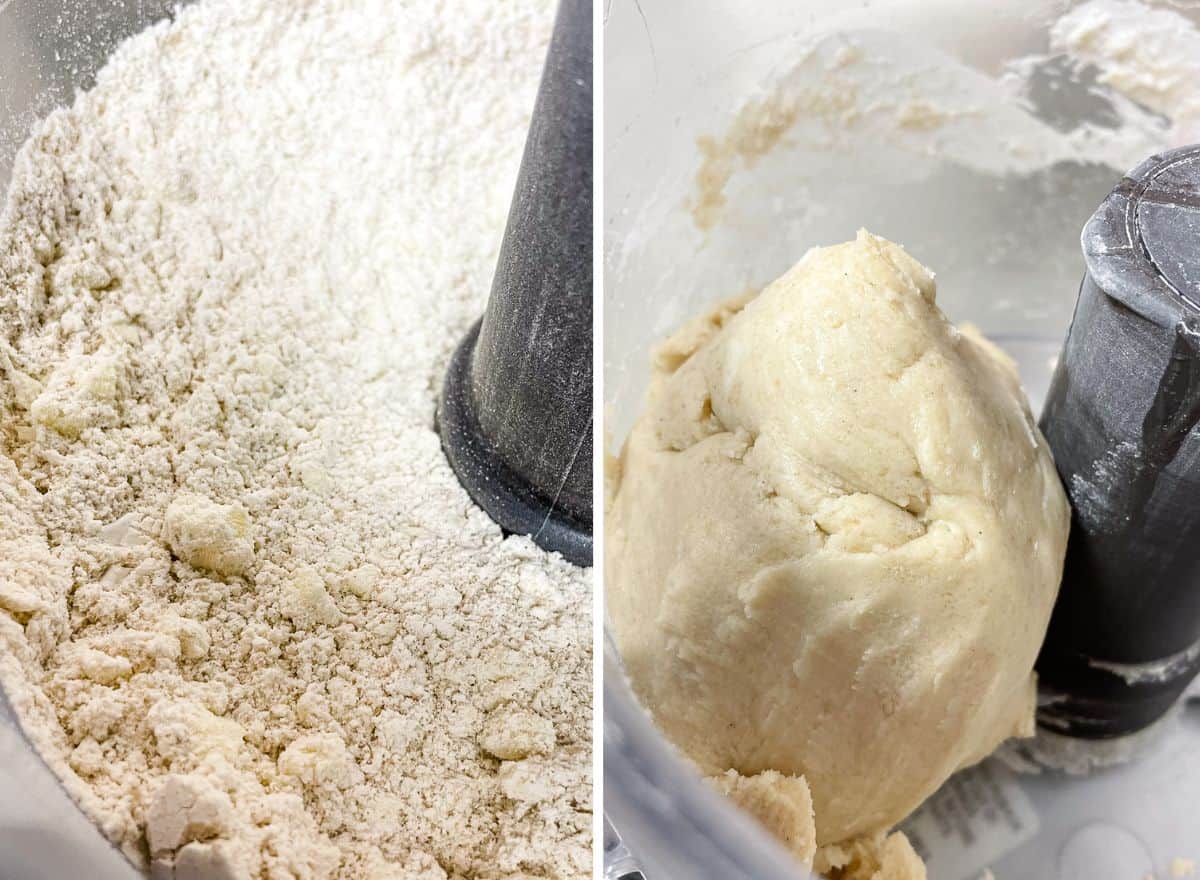 (left) cutting butter into gluten-free flour mixture. (right) gluten-free graham cracker dough.