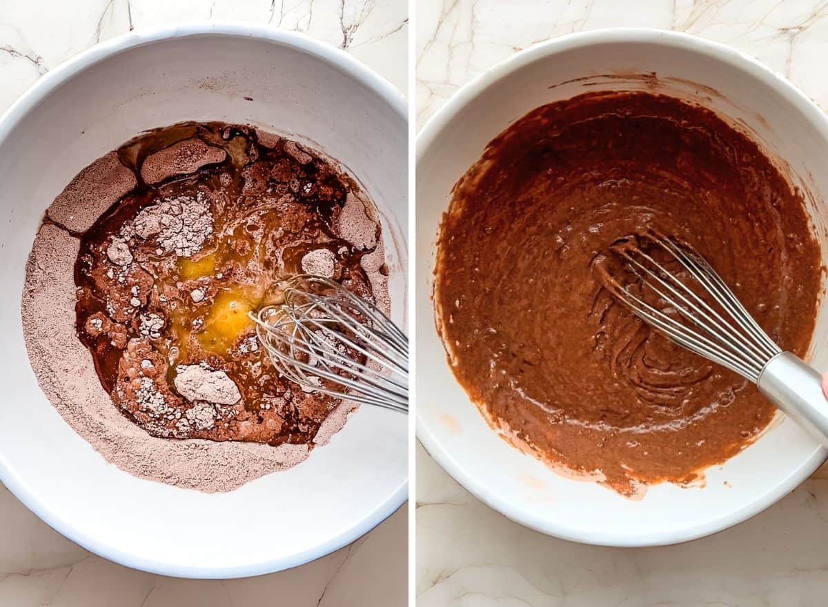 (Left) Ingredients for gluten-free chocolate muffin recipe in a large bowl. (right) Gluten-free chocolate muffin batter with a whisk.