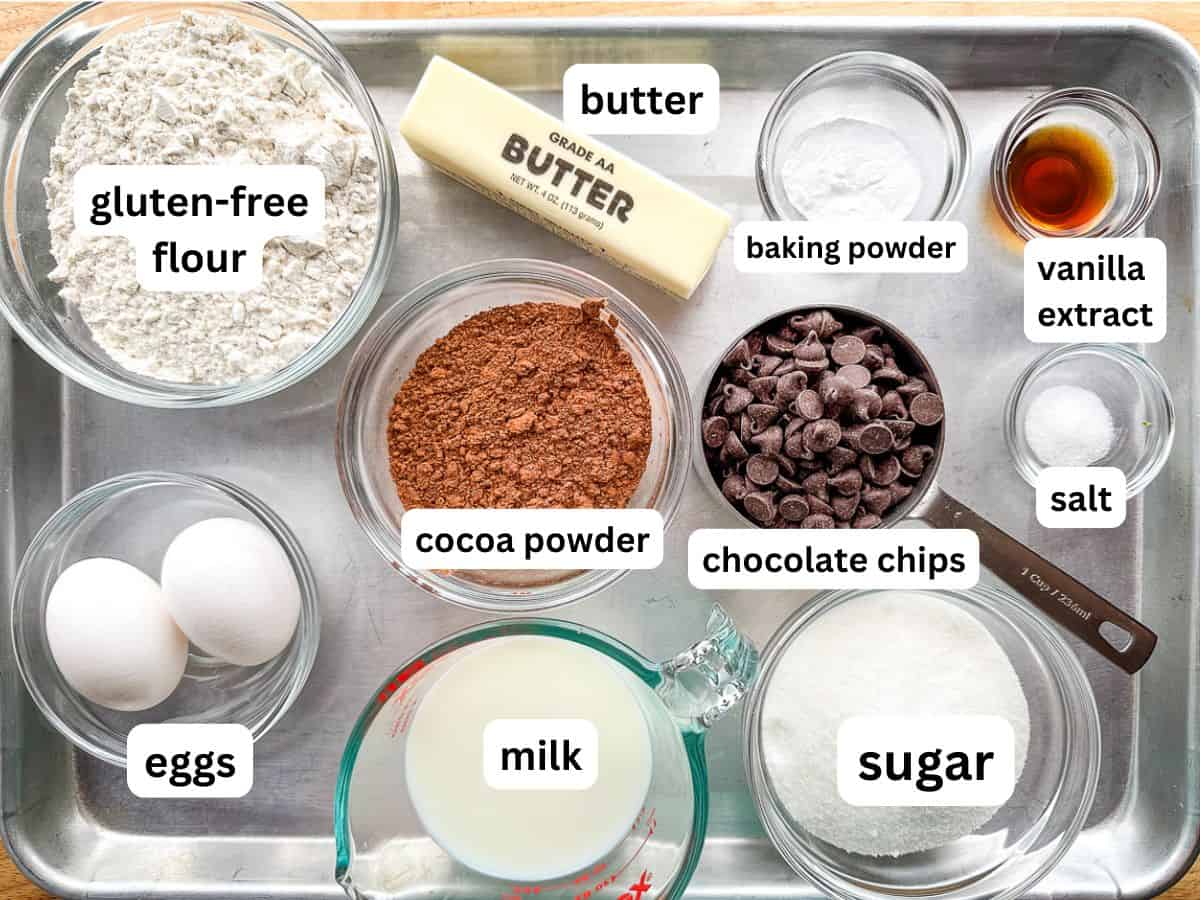 Gluten-free chocolate muffin ingredients measured and placed on a sheet pan.