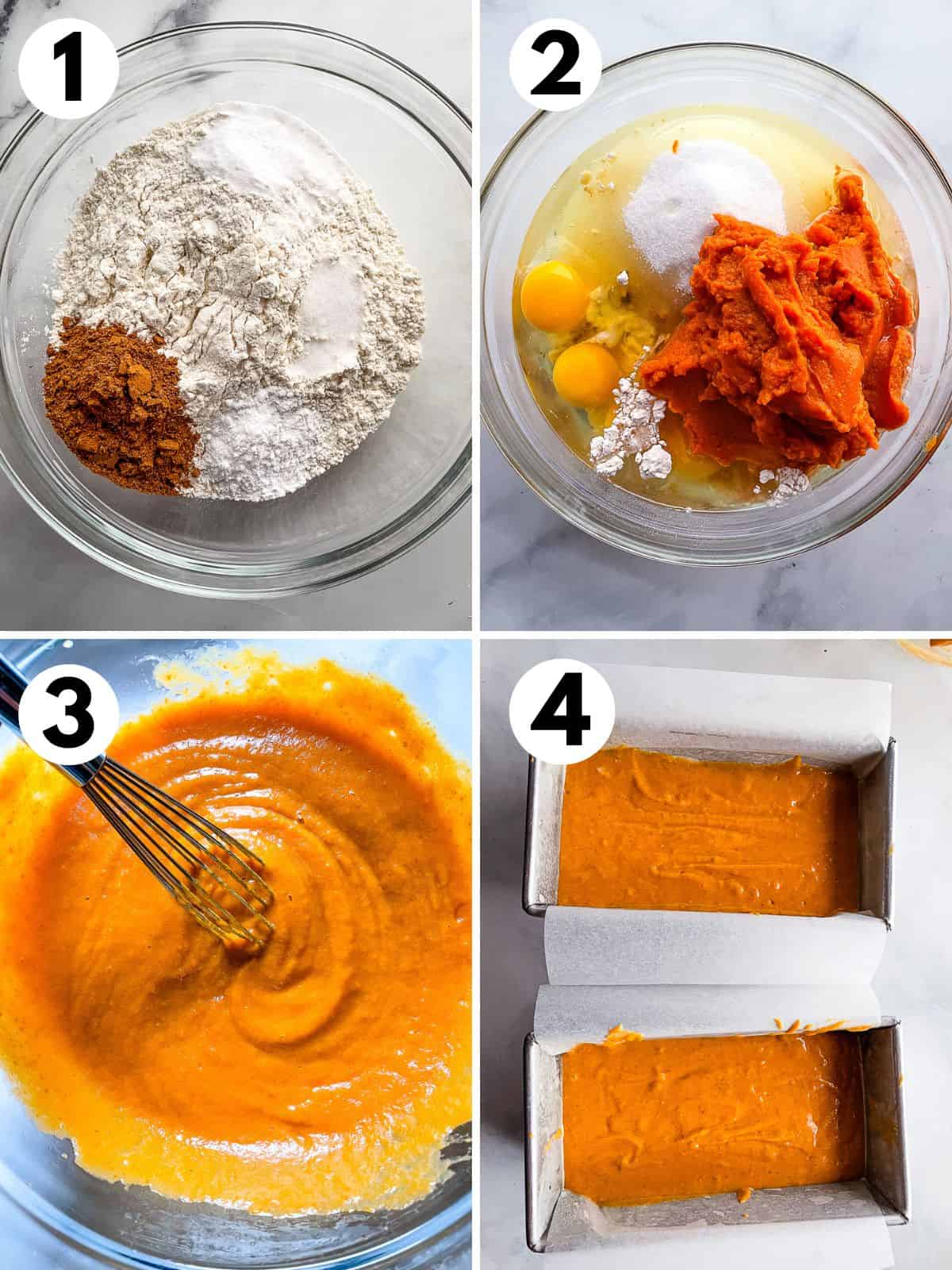 1. Dry ingredients for gluten-free pumpkin bread in a bowl. 2. Adding wet ingredients. 3. The whisked batter. 4. Two pans filled with the batter.